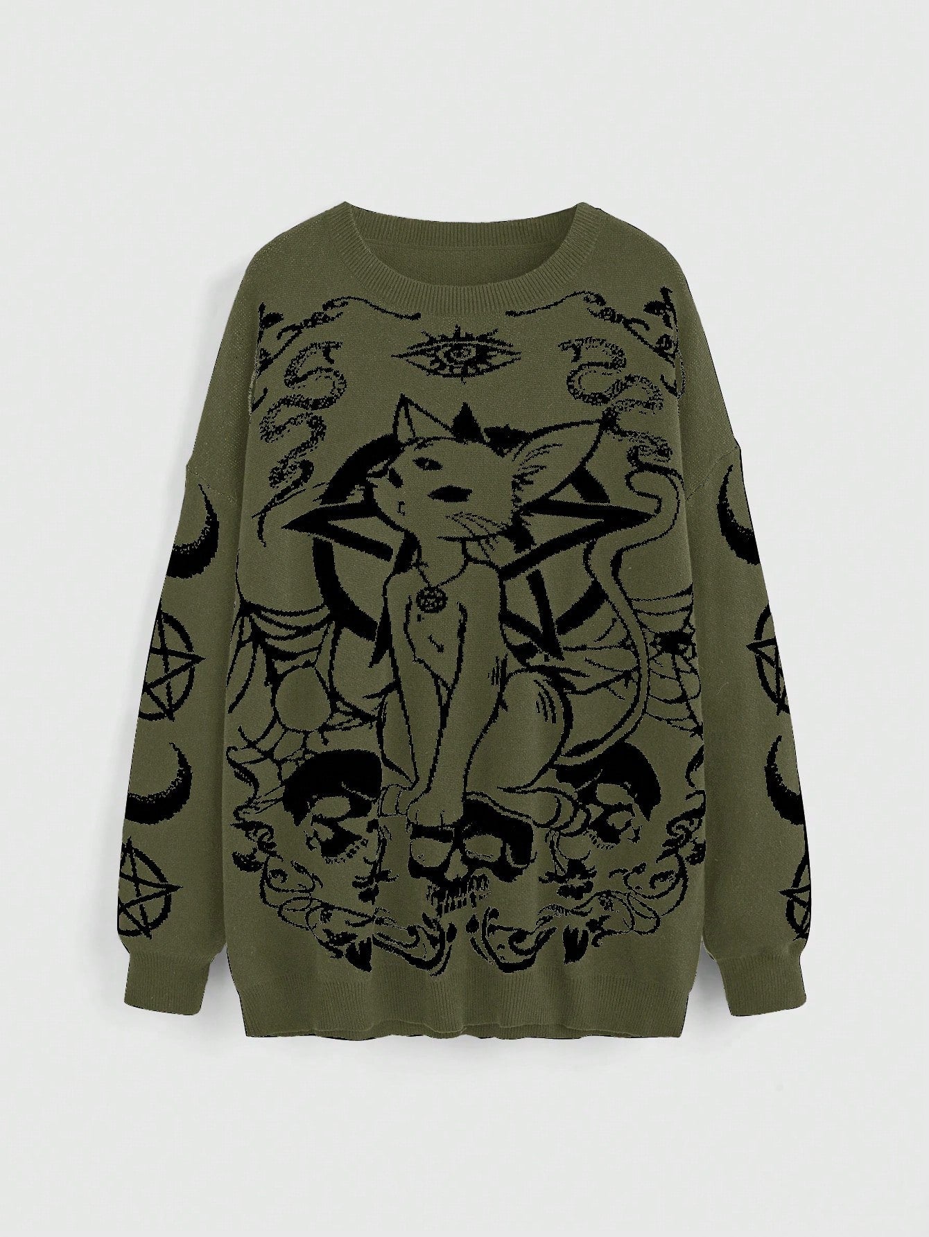 ROMWE Goth Suéter holgado de talla grande con estampado de gato negro, calavera, estrellas, luna y serpiente