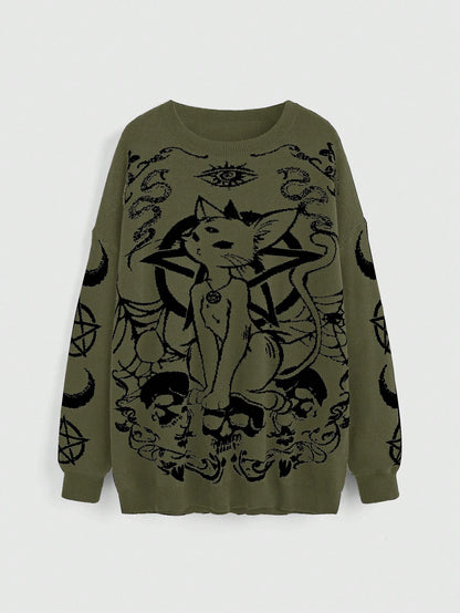 ROMWE Goth Suéter holgado de talla grande con estampado de gato negro, calavera, estrellas, luna y serpiente