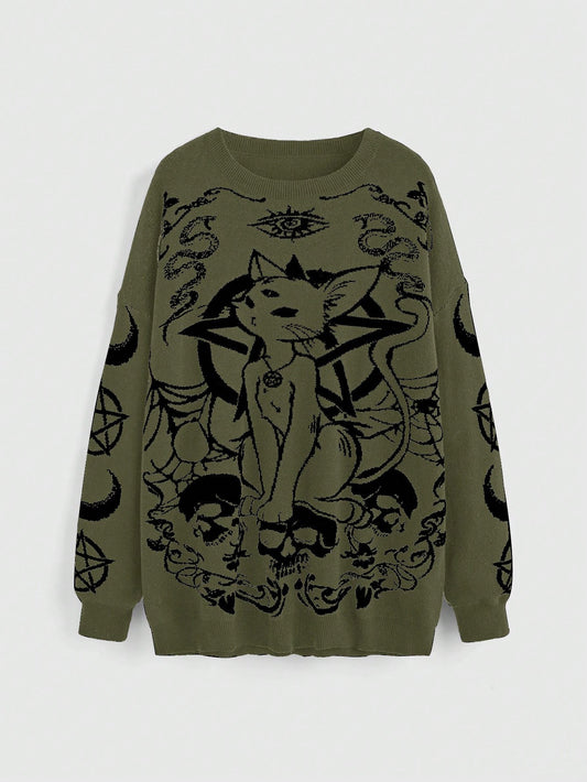 ROMWE Goth Suéter holgado de talla grande con estampado de gato negro, calavera, estrellas, luna y serpiente