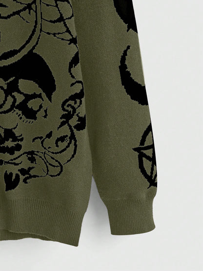 ROMWE Goth Suéter holgado de talla grande con estampado de gato negro, calavera, estrellas, luna y serpiente