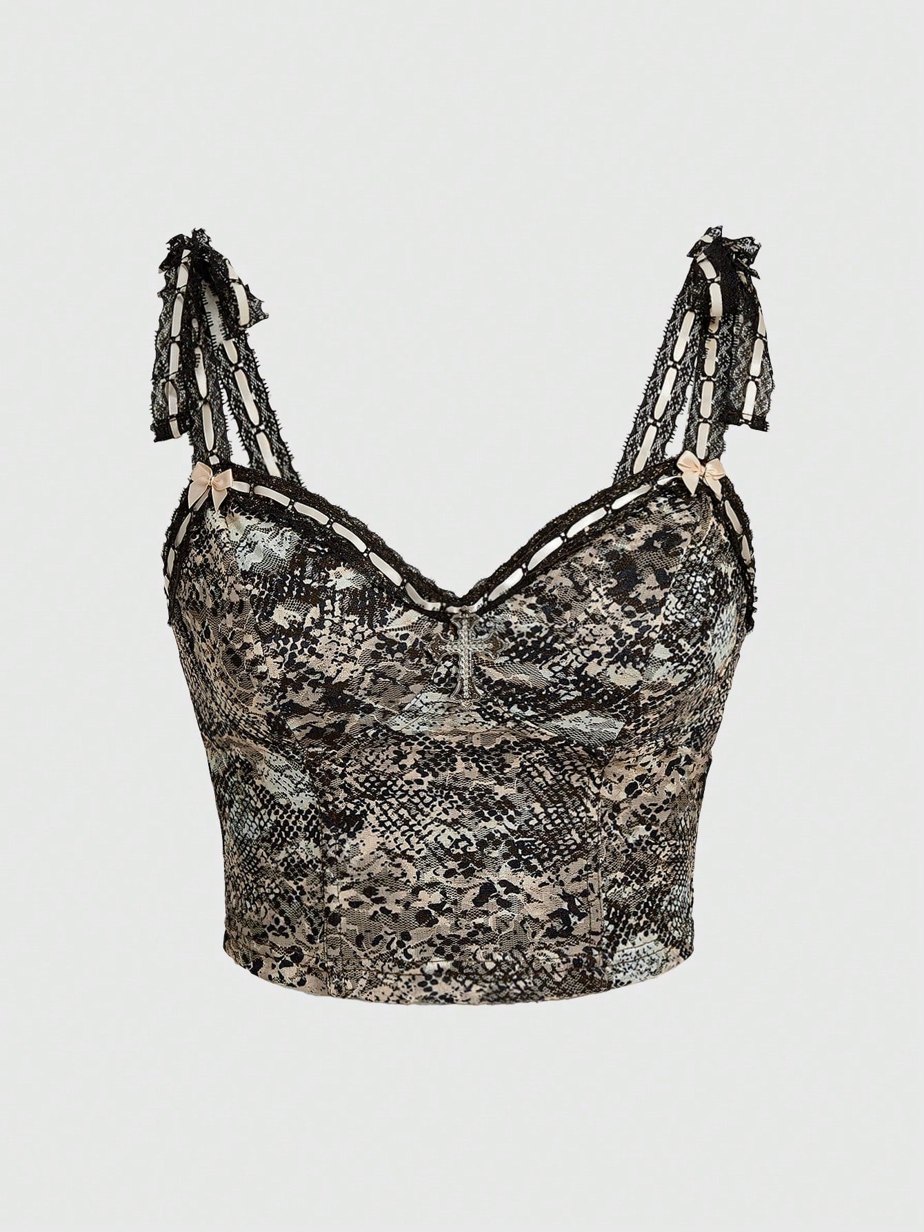 ROMWE Goth Top De Tirantes Con Encaje Y Estampado De Serpiente Con Lazo En El Hombro