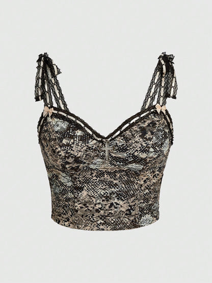 ROMWE Goth Top De Tirantes Con Encaje Y Estampado De Serpiente Con Lazo En El Hombro