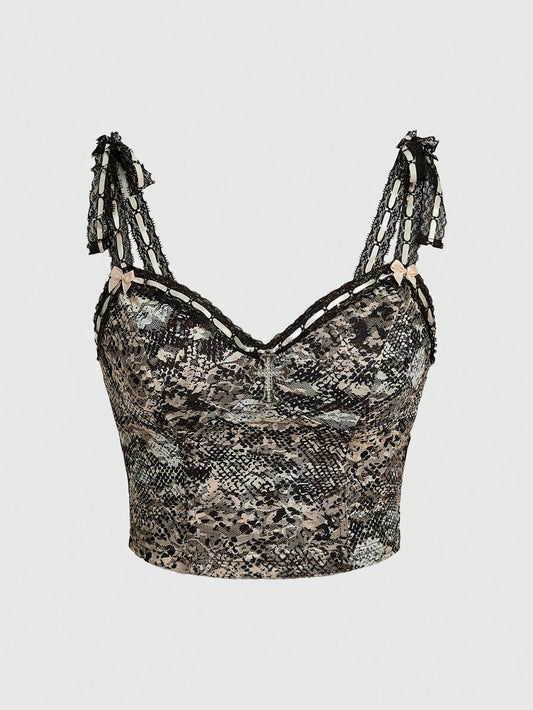 ROMWE Goth Top De Tirantes Con Encaje Y Estampado De Serpiente Con Lazo En El Hombro