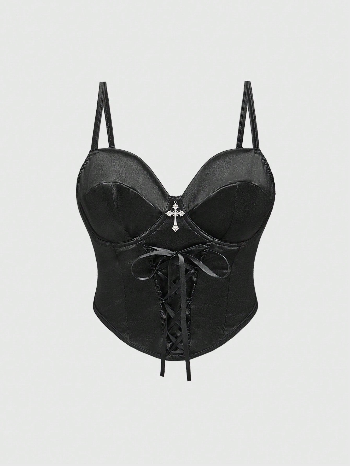 ROMWE Goth Top bustier sexy de tela de satén con tirantes finos, diseño de cintura ceñida con colgante cruzado para mujeres