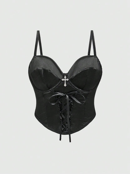 ROMWE Goth Top bustier sexy de tela de satén con tirantes finos, diseño de cintura ceñida con colgante cruzado para mujeres