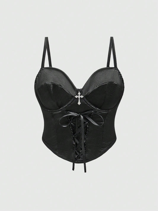 ROMWE Goth Top bustier sexy de tela de satén con tirantes finos, diseño de cintura ceñida con colgante cruzado para mujeres