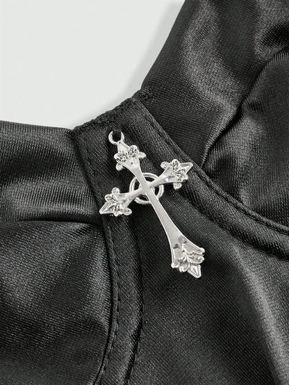 ROMWE Goth Top bustier sexy de tela de satén con tirantes finos, diseño de cintura ceñida con colgante cruzado para mujeres