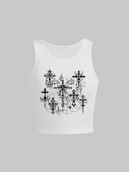 ROMWE Goth Top corto con corsé estampado con cruces, estilo gótico Y2K
