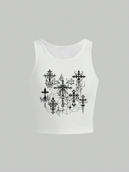 ROMWE Goth Top corto con corsé estampado con cruces, estilo gótico Y2K