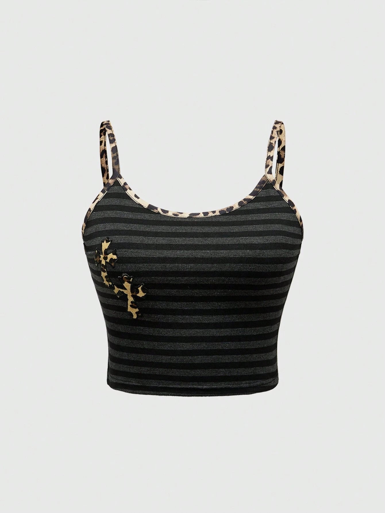 ROMWE Goth Top corto de camisola para mujeres con estampado de leopardo a rayas y bordes fruncidos