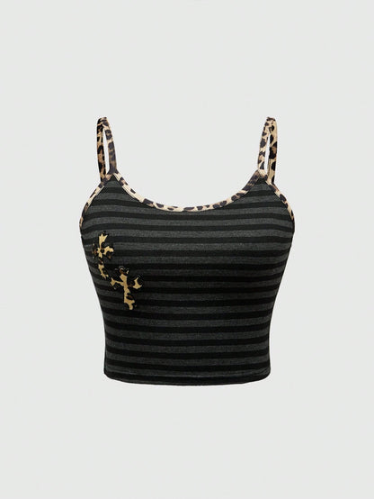 ROMWE Goth Top corto de camisola para mujeres con estampado de leopardo a rayas y bordes fruncidos