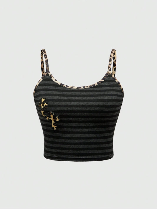 ROMWE Goth Top corto de camisola para mujeres con estampado de leopardo a rayas y bordes fruncidos