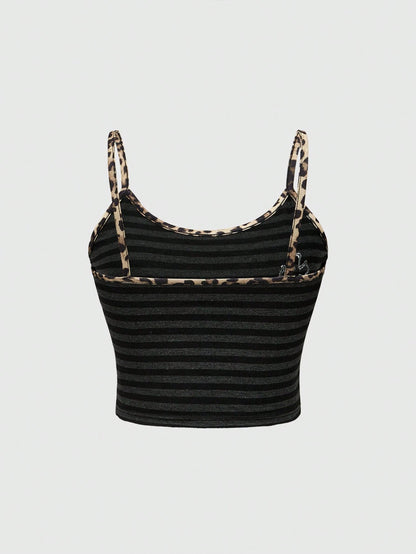 ROMWE Goth Top corto de camisola para mujeres con estampado de leopardo a rayas y bordes fruncidos