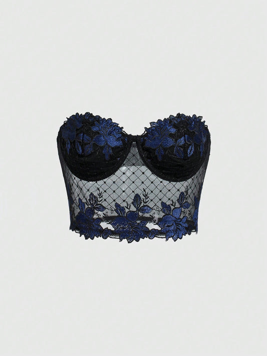 ROMWE Goth Top corto transparente con bordado floral sexy para mujeres estilo Y2K