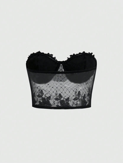 ROMWE Goth Top corto transparente con bordado floral sexy para mujeres estilo Y2K