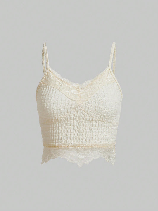 ROMWE Goth Top de camisola de encaje con inserción de tela de textura de punto en unicolor para verano