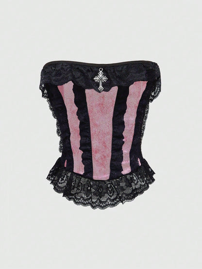 ROMWE Goth Top de corpiño de terciopelo con aplicaciones de encaje y decoración de cruz al estilo del palacio gótico para mujer