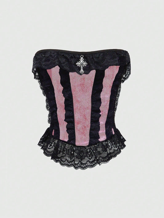 ROMWE Goth Top de corpiño de terciopelo con aplicaciones de encaje y decoración de cruz al estilo del palacio gótico para mujer