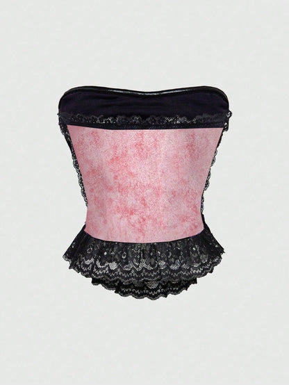 ROMWE Goth Top de corpiño de terciopelo con aplicaciones de encaje y decoración de cruz al estilo del palacio gótico para mujer
