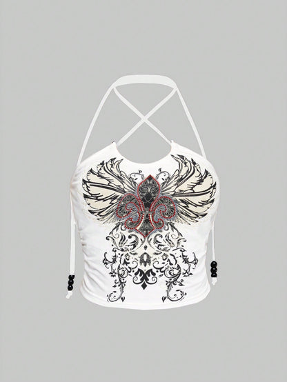 ROMWE Goth Top de cuello halter para mujer con estampado y lazo en la parte posterior