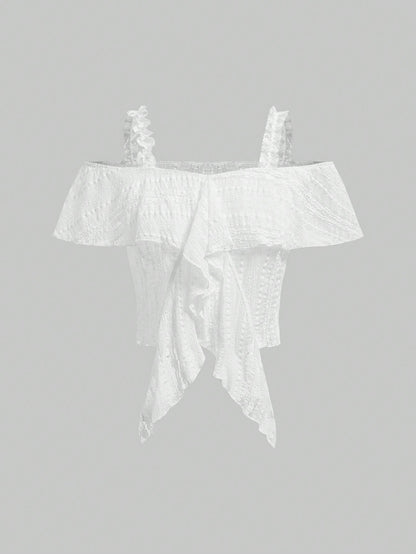 ROMWE Goth Top de hombros descubiertos con borde asimétrico y textura sólida
