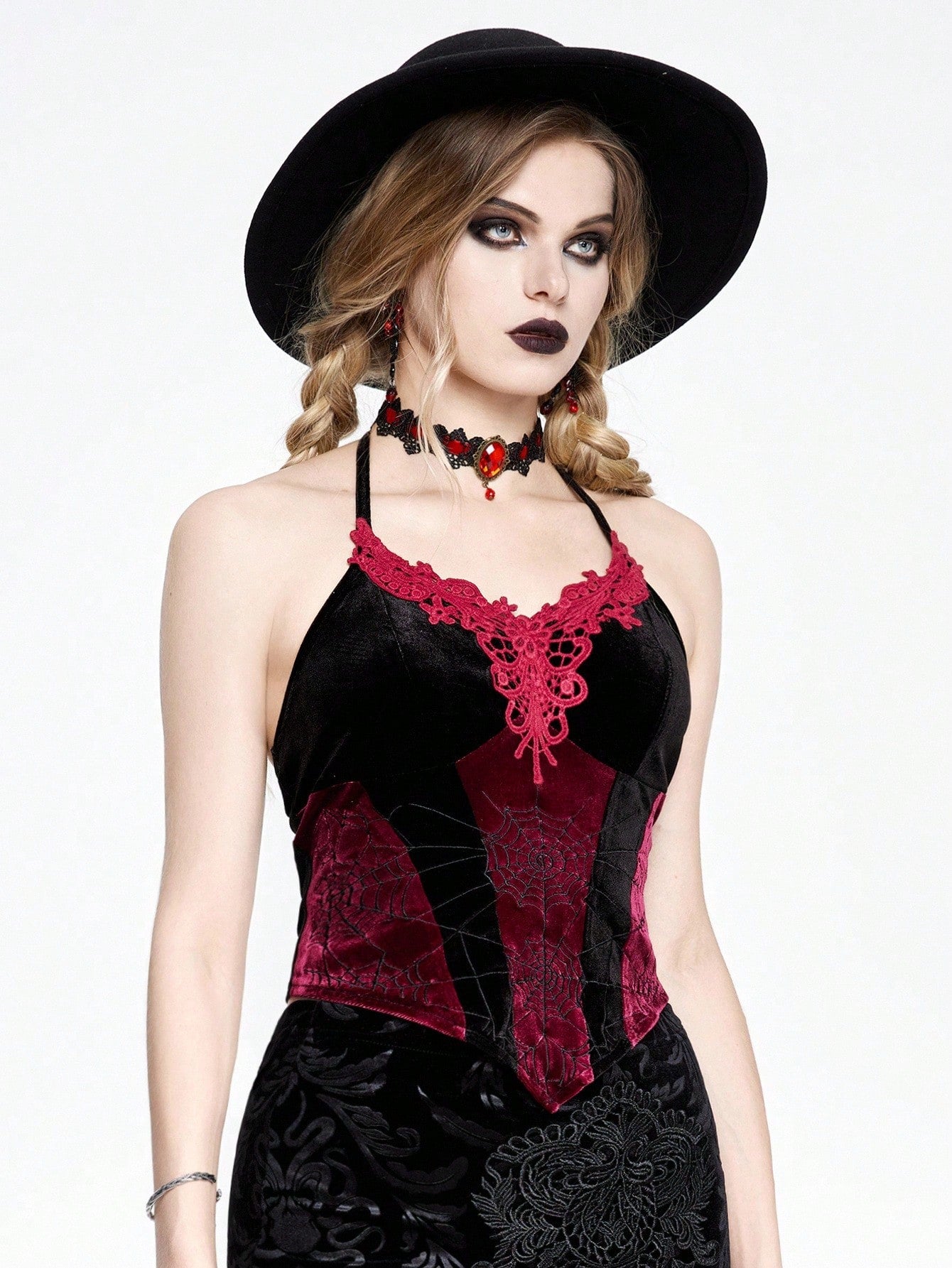ROMWE Goth Top de mujer tipo camiseta de tirantes con estilo vampiro, teñido anudado, con encaje de tela de araña bordado y contraste de terciopelo