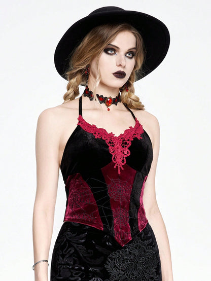 ROMWE Goth Top de mujer tipo camiseta de tirantes con estilo vampiro, teñido anudado, con encaje de tela de araña bordado y contraste de terciopelo