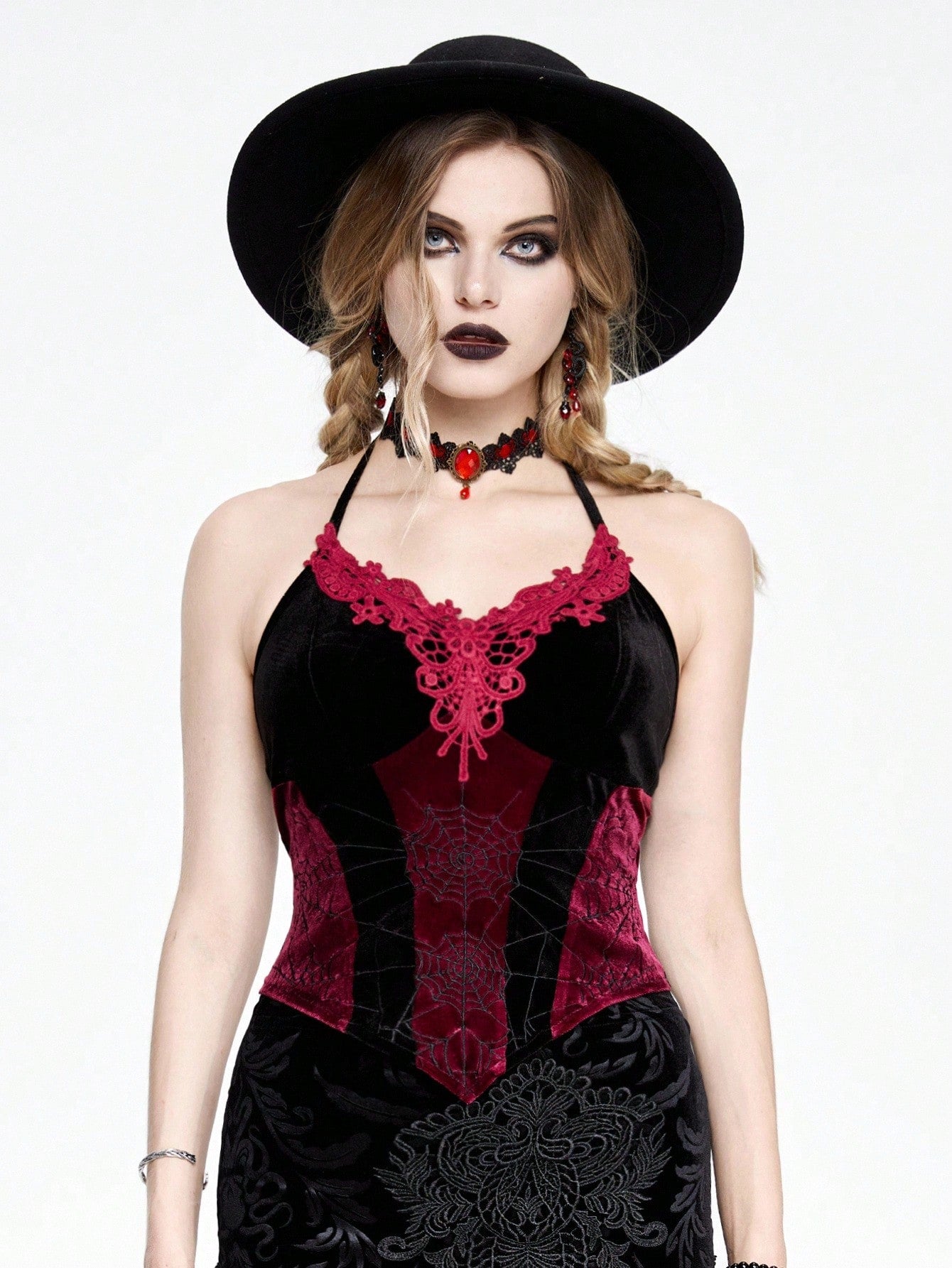 ROMWE Goth Top de mujer tipo camiseta de tirantes con estilo vampiro, teñido anudado, con encaje de tela de araña bordado y contraste de terciopelo