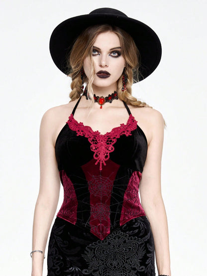 ROMWE Goth Top de mujer tipo camiseta de tirantes con estilo vampiro, teñido anudado, con encaje de tela de araña bordado y contraste de terciopelo