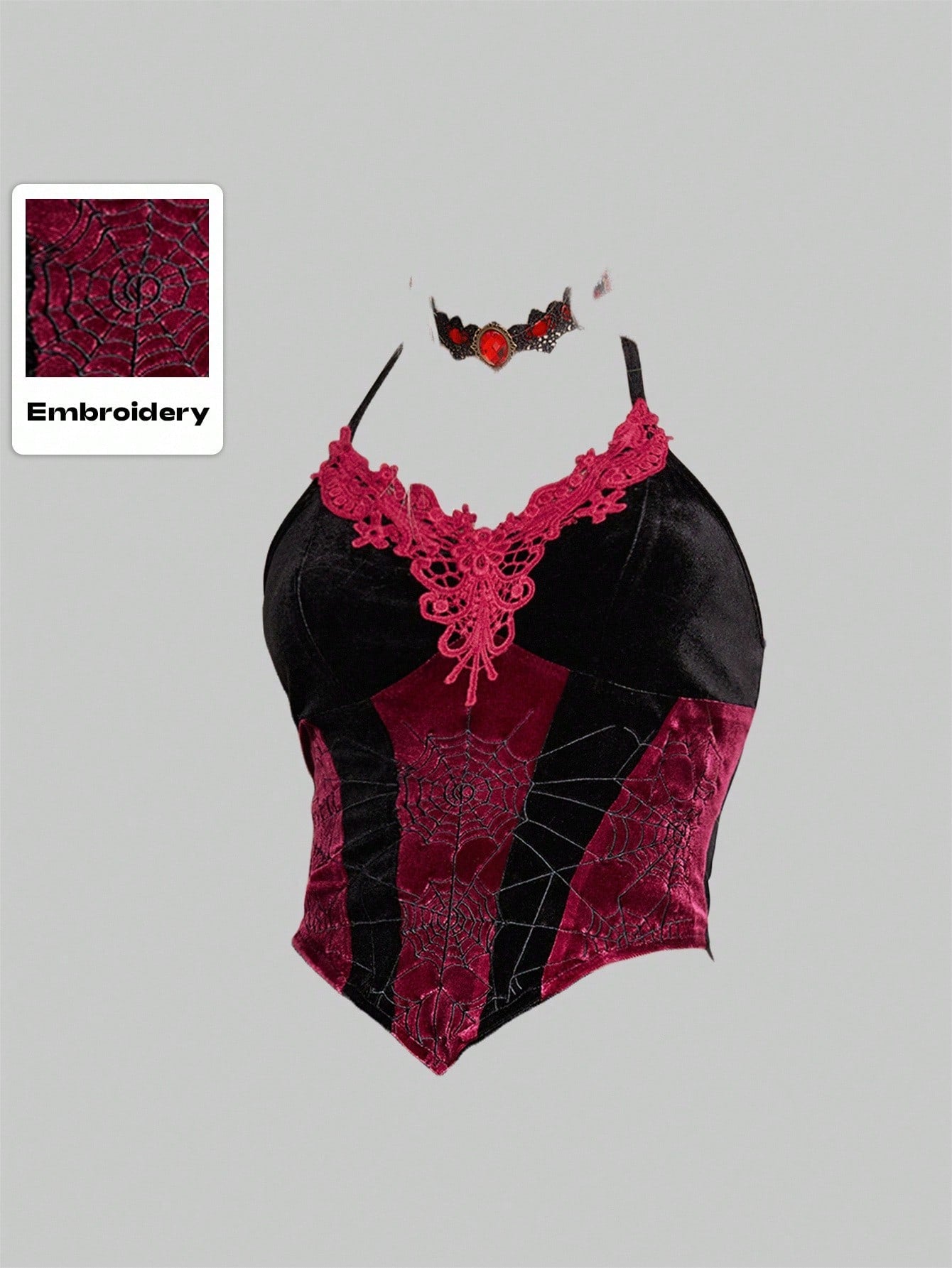 ROMWE Goth Top de mujer tipo camiseta de tirantes con estilo vampiro, teñido anudado, con encaje de tela de araña bordado y contraste de terciopelo