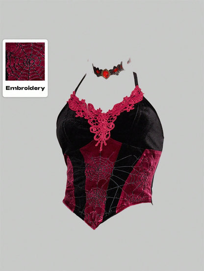 ROMWE Goth Top de mujer tipo camiseta de tirantes con estilo vampiro, teñido anudado, con encaje de tela de araña bordado y contraste de terciopelo
