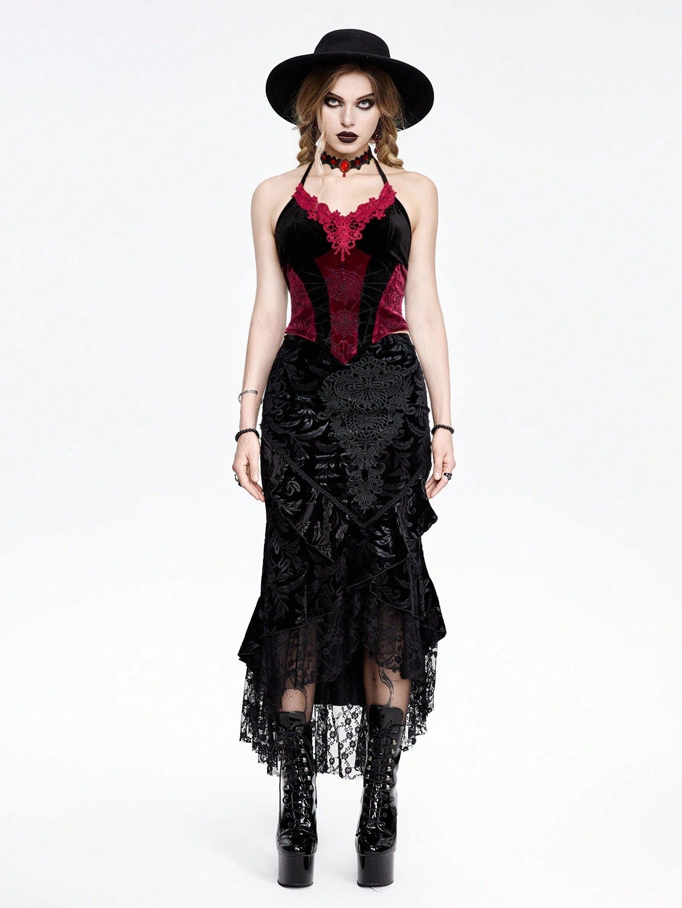 ROMWE Goth Top de mujer tipo camiseta de tirantes con estilo vampiro, teñido anudado, con encaje de tela de araña bordado y contraste de terciopelo