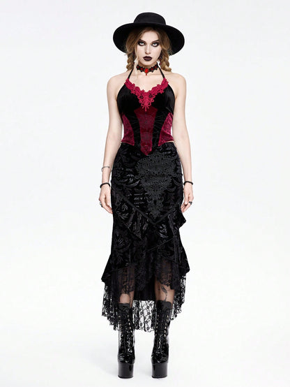 ROMWE Goth Top de mujer tipo camiseta de tirantes con estilo vampiro, teñido anudado, con encaje de tela de araña bordado y contraste de terciopelo