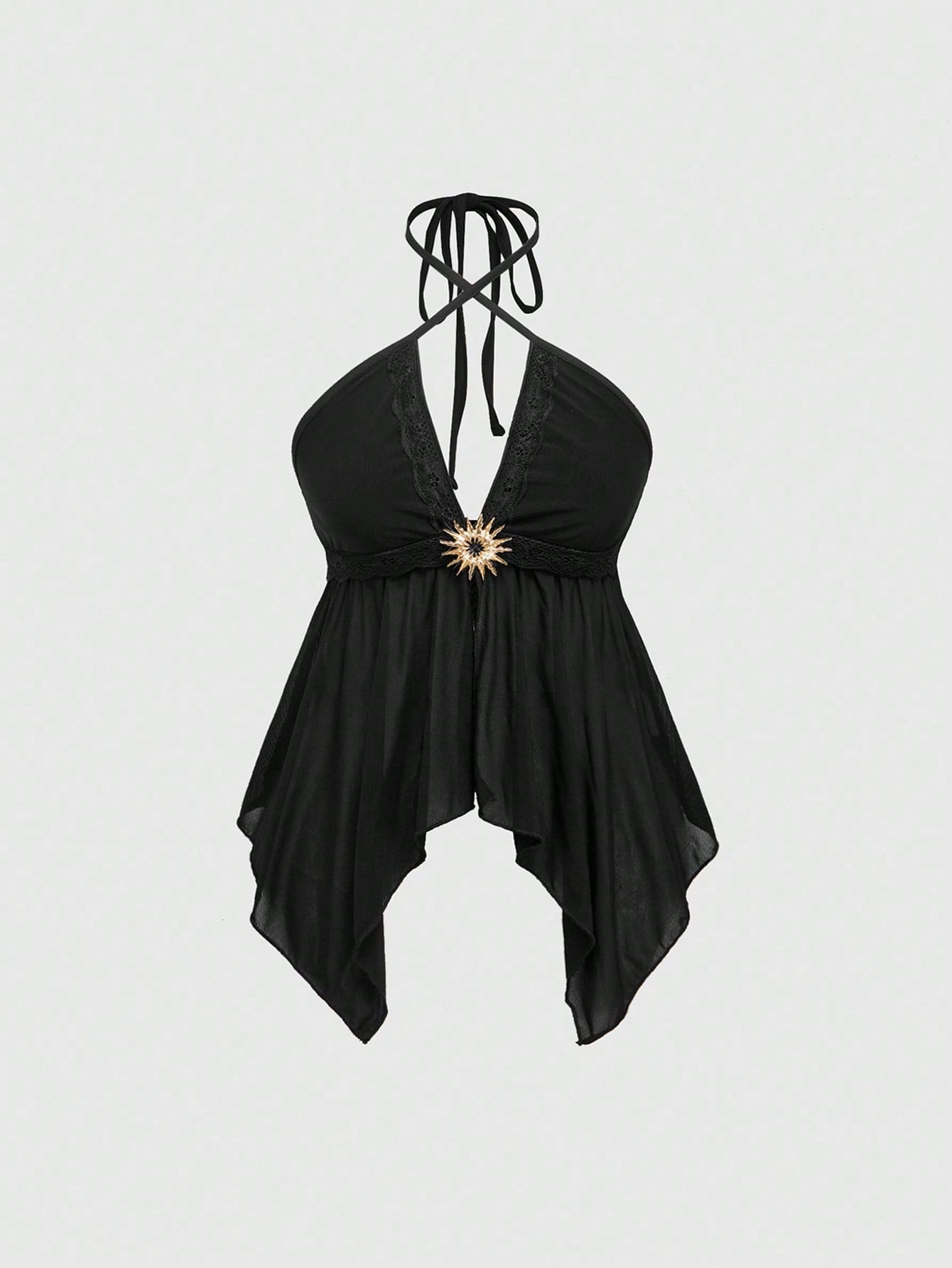 ROMWE Goth Top de tirantes asimétrico con encaje, decoración de metal y malla en estilo gótico para mujer