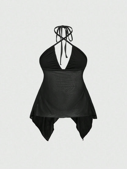 ROMWE Goth Top de tirantes asimétrico con encaje, decoración de metal y malla en estilo gótico para mujer