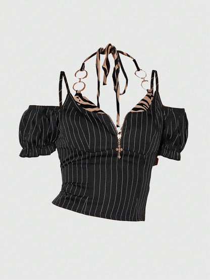 ROMWE Goth Top de tirantes con bralette de rayas verticales y estampado de cebra de la Y2K