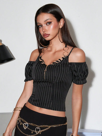 ROMWE Goth Top de tirantes con bralette de rayas verticales y estampado de cebra de la Y2K