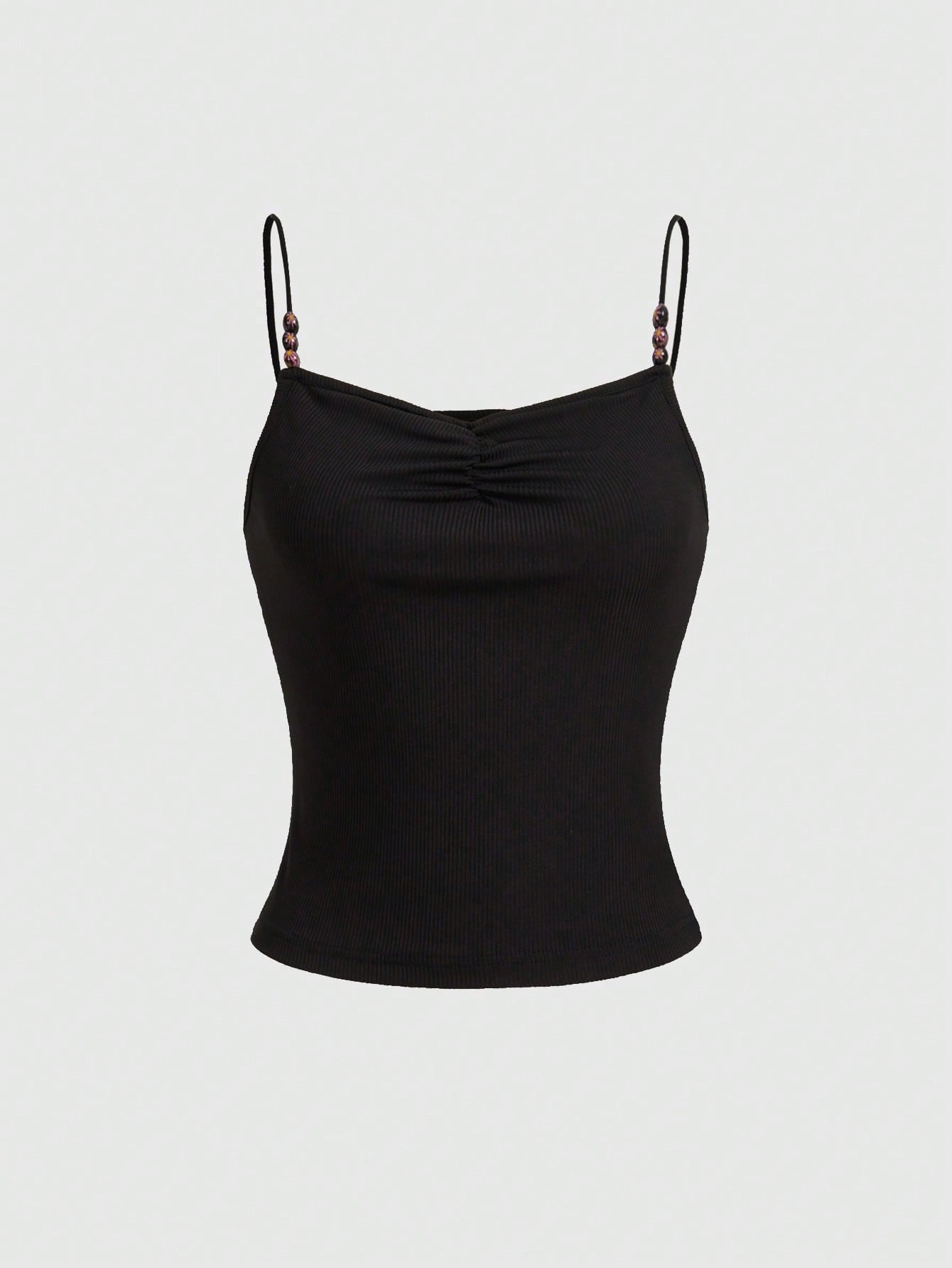 ROMWE Goth Top de tirantes negro ajustado de verano con fruncidos y cuentas