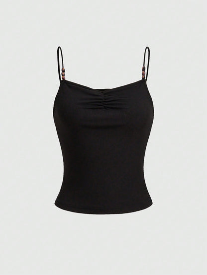 ROMWE Goth Top de tirantes negro ajustado de verano con fruncidos y cuentas
