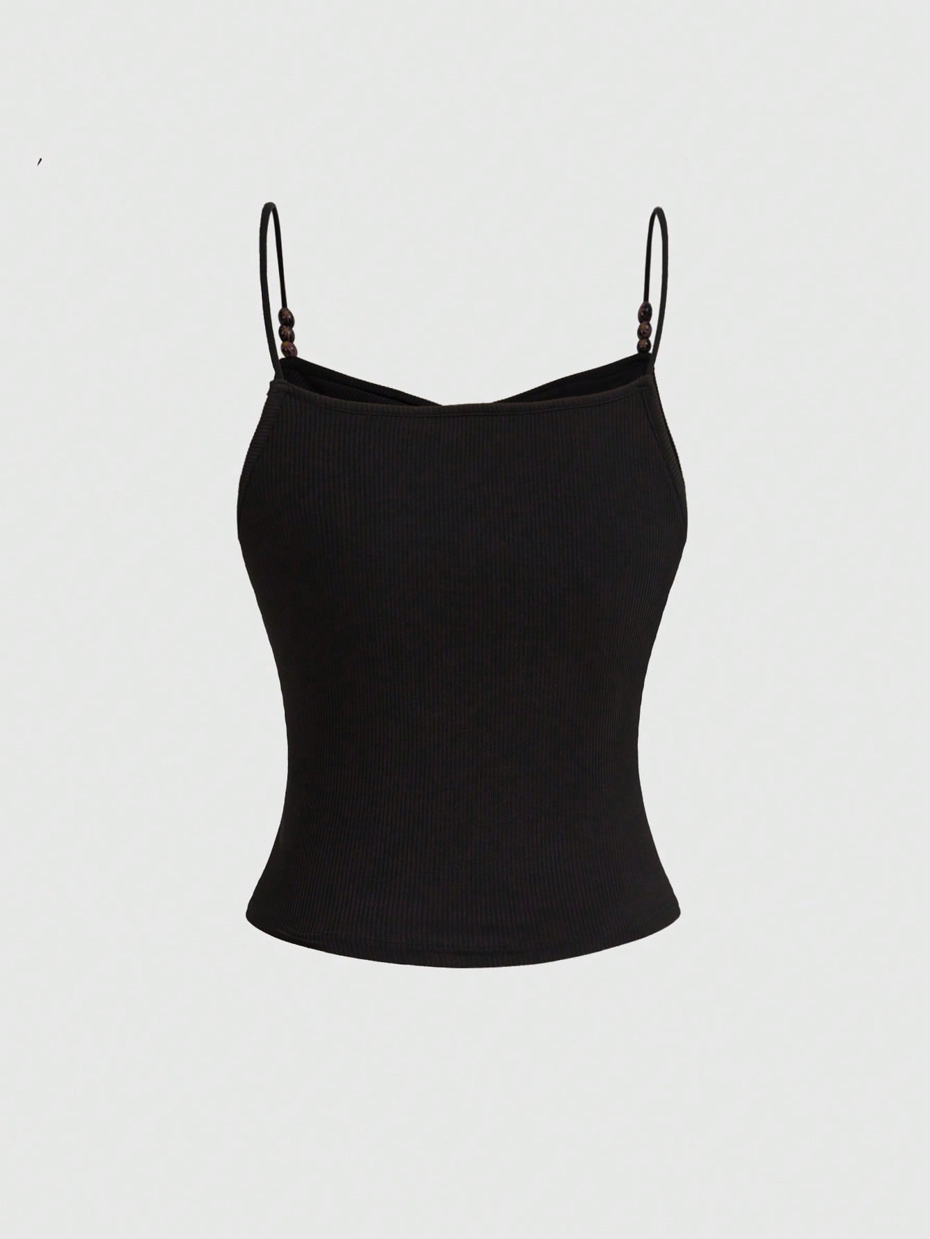 ROMWE Goth Top de tirantes negro ajustado de verano con fruncidos y cuentas