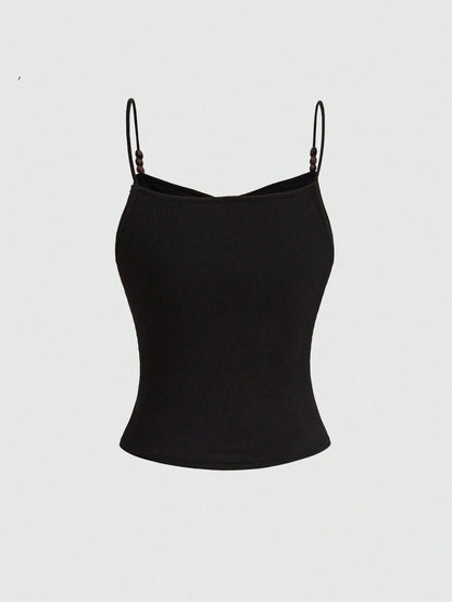ROMWE Goth Top de tirantes negro ajustado de verano con fruncidos y cuentas