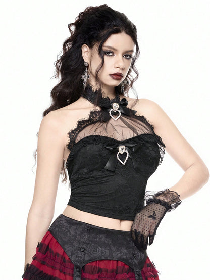 ROMWE Goth Top halter con lazo y encaje con diseño de corazón para mujer, ideal para el Día de San Valentín