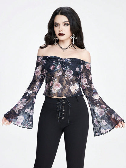 ROMWE Goth Top sexy y romántico con hombros descubiertos con diseño de impresión digital de rosas y encaje para mujer