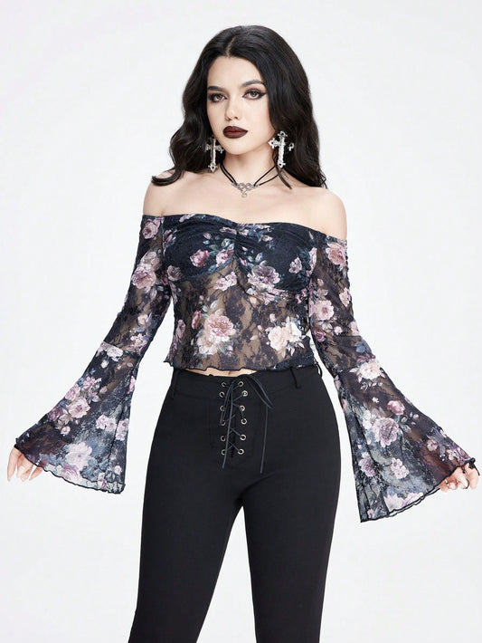 ROMWE Goth Top sexy y romántico con hombros descubiertos con diseño de impresión digital de rosas y encaje para mujer
