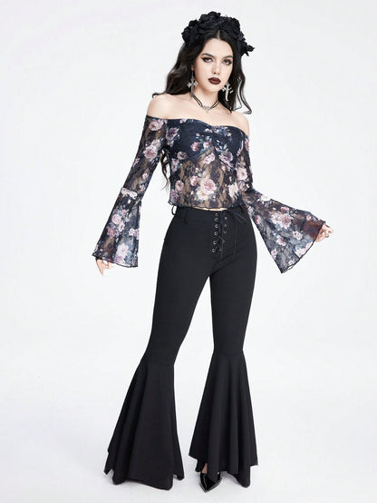 ROMWE Goth Top sexy y romántico con hombros descubiertos con diseño de impresión digital de rosas y encaje para mujer