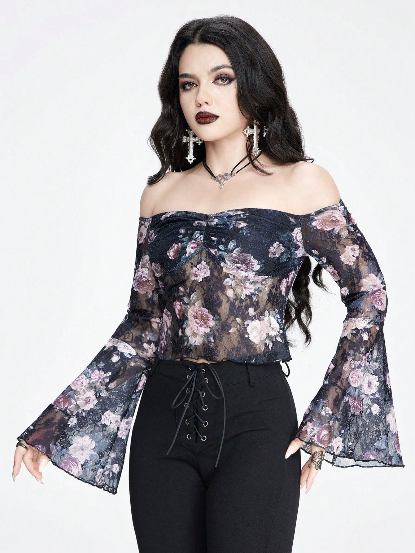 ROMWE Goth Top sexy y romántico con hombros descubiertos con diseño de impresión digital de rosas y encaje para mujer