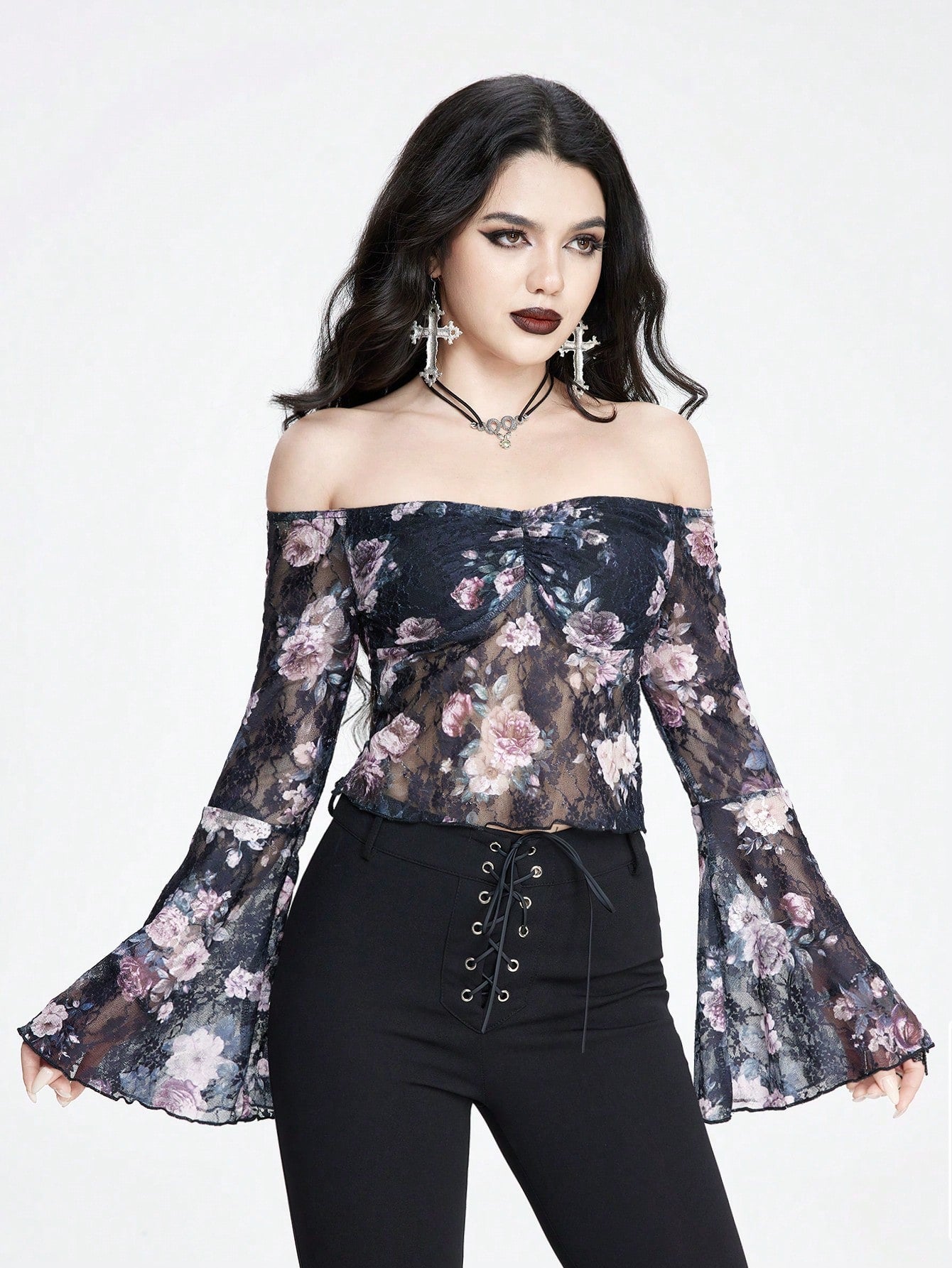 ROMWE Goth Top sexy y romántico con hombros descubiertos con diseño de impresión digital de rosas y encaje para mujer