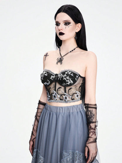 ROMWE Goth Top tubo con estampado floral de estilo palaciego gótico, Halloween