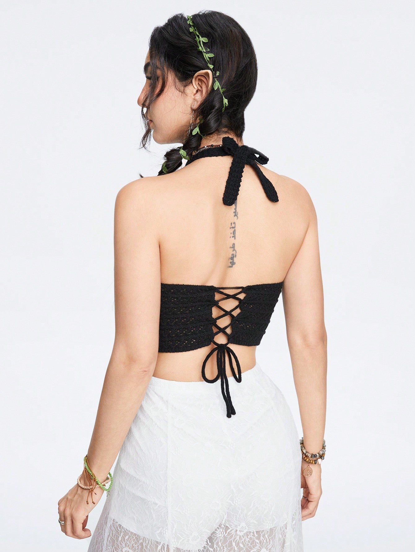 ROMWE Goth Top veraniego de punto bordado de mariposa con lazo para mujer - vacaciones sexys minimalistas