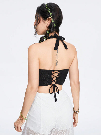 ROMWE Goth Top veraniego de punto bordado de mariposa con lazo para mujer - vacaciones sexys minimalistas